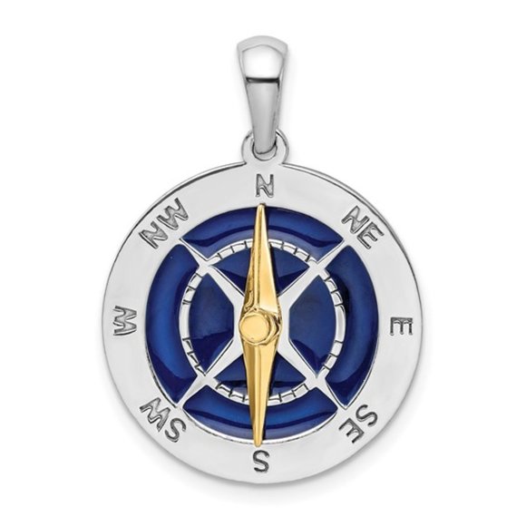 925 Sterling Silver Blue Enameled Compass Pendant with 14k Gold Moving Needle - Picture 1 of 4